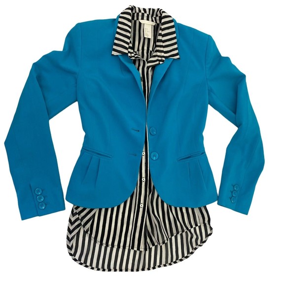 H&M Womens Top Blazer Combo Size 2 Black White Striped Chiffon Collar Blouse - Picture 9 of 11